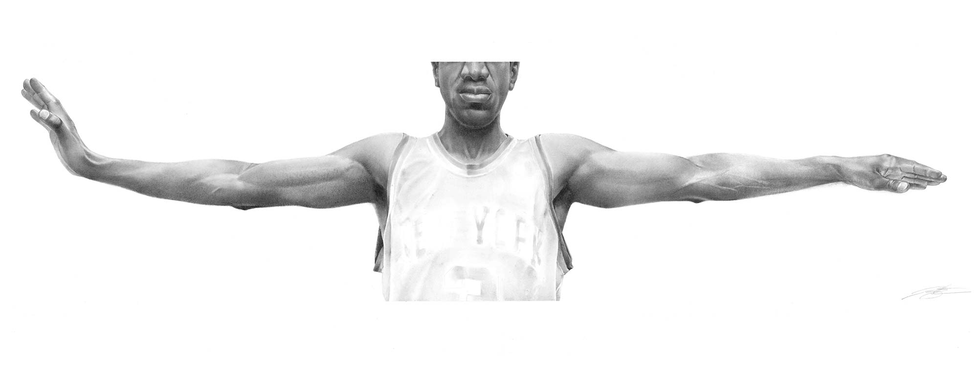 Graphite drawing “Like Mike I,” 2010, 50 x 18.5 artwork.