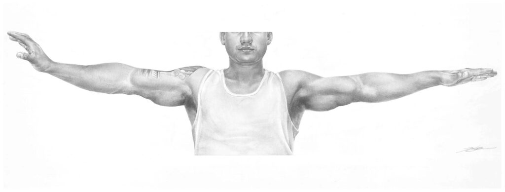 Graphite drawing “Like Mike III,” 2010, 50 x 18.5 artwork.