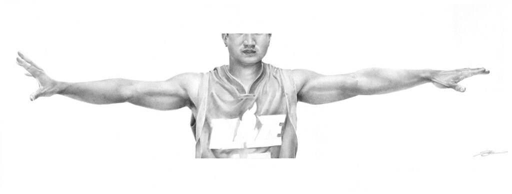 Graphite drawing “Like Mike IV,” 2010, 50 x 18.5 artwork.