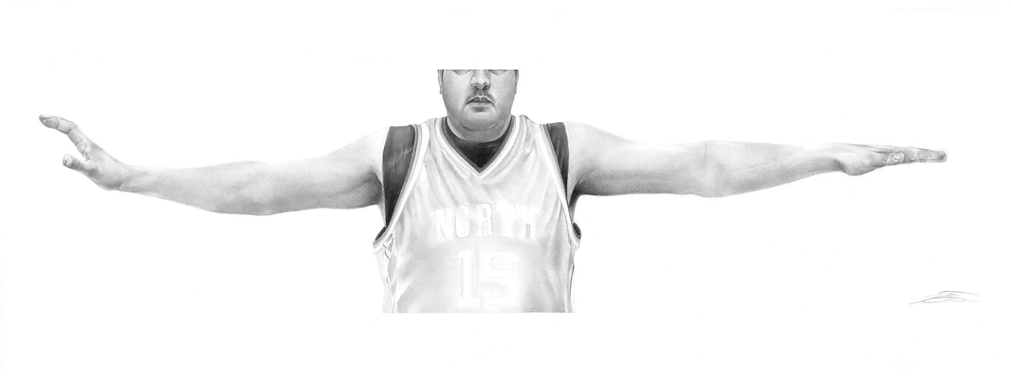 Graphite drawing “Like Mike V,” 2010, 50 x 18.5 artwork.