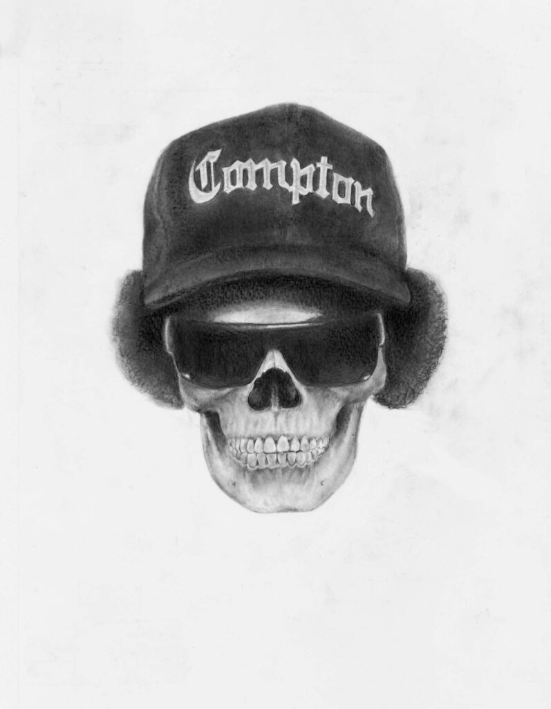 Graphite skull artwork “Pour Out a Little Liquor I,” 2014, tribute to Eric Lynn Wright.