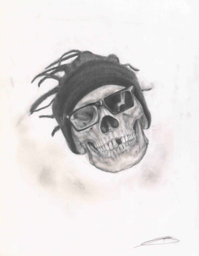 Graphite skull artwork “Pour Out a Little Liquor III,” 2014, tribute to Russell Tyrone Jones.