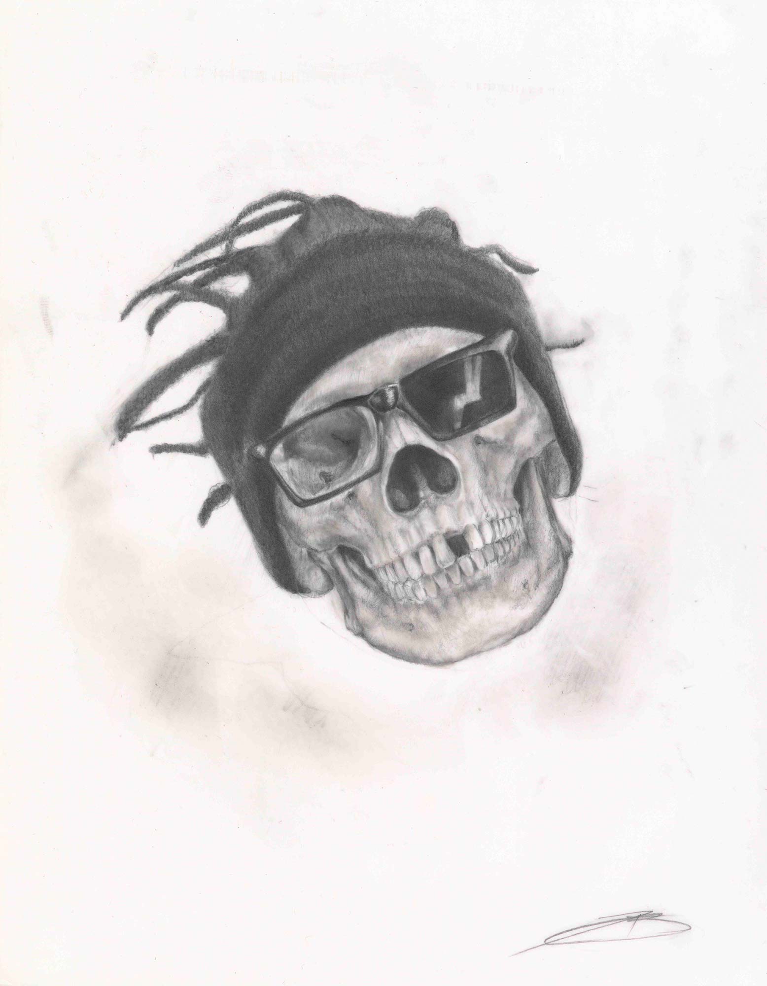 Graphite skull artwork “Pour Out a Little Liquor III,” 2014, tribute to Russell Tyrone Jones.